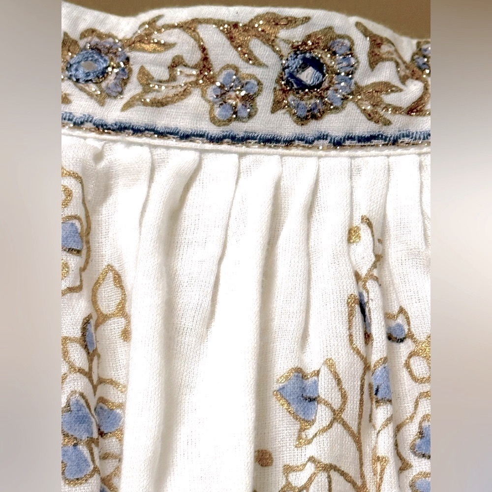 BELLA TU White Blue Gold Summer Tunic Tassel Cotton Resort Swim Dress | L - Picture 4 of 12